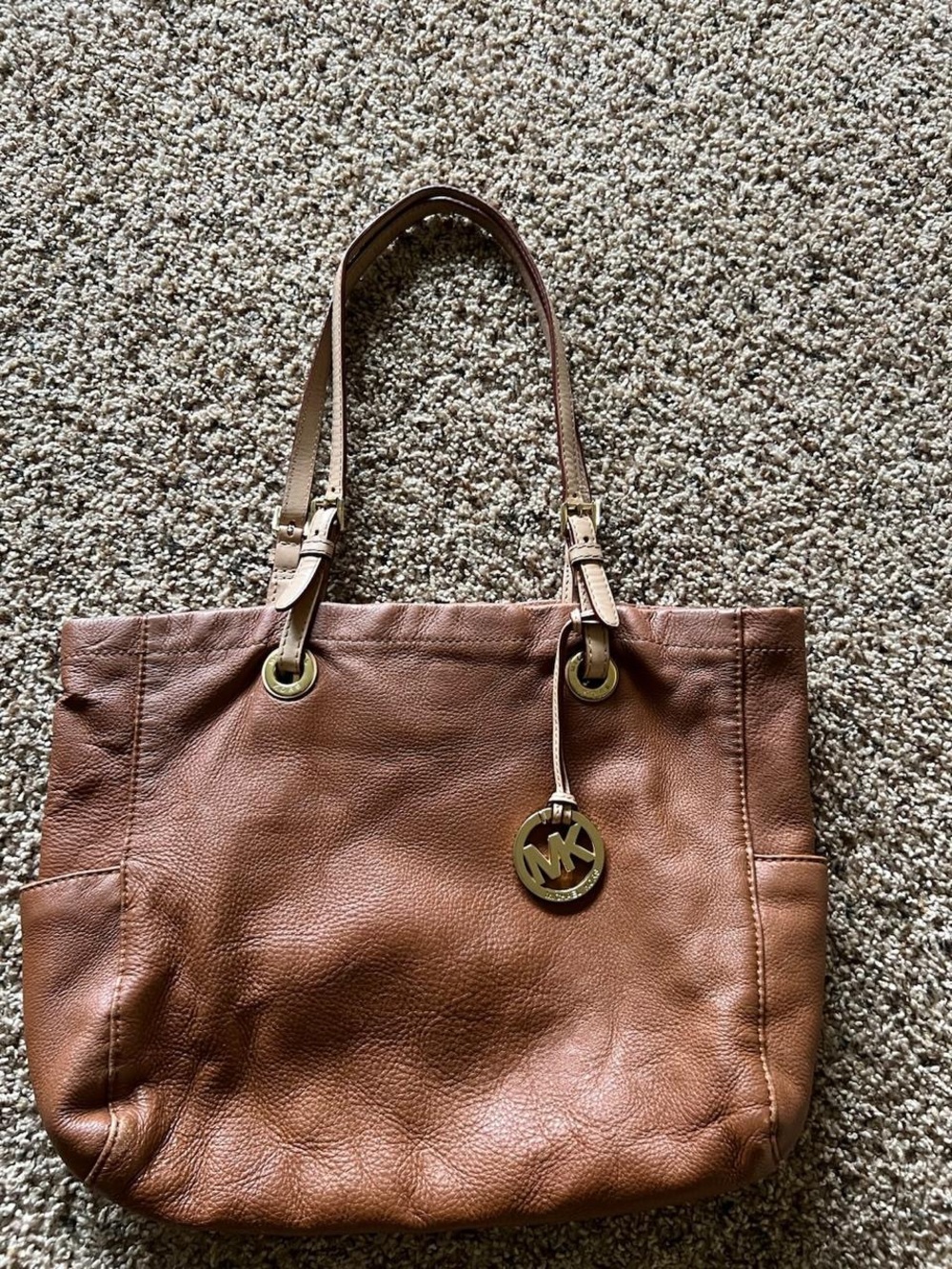 Michael Kors Cognac Pebbled Leather Tote with Gold MK Charm